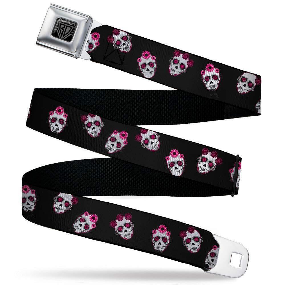 5489 Seatbelt Belt Sugar Skulls Kids, Staggered Black/Pink/White, 1.0"